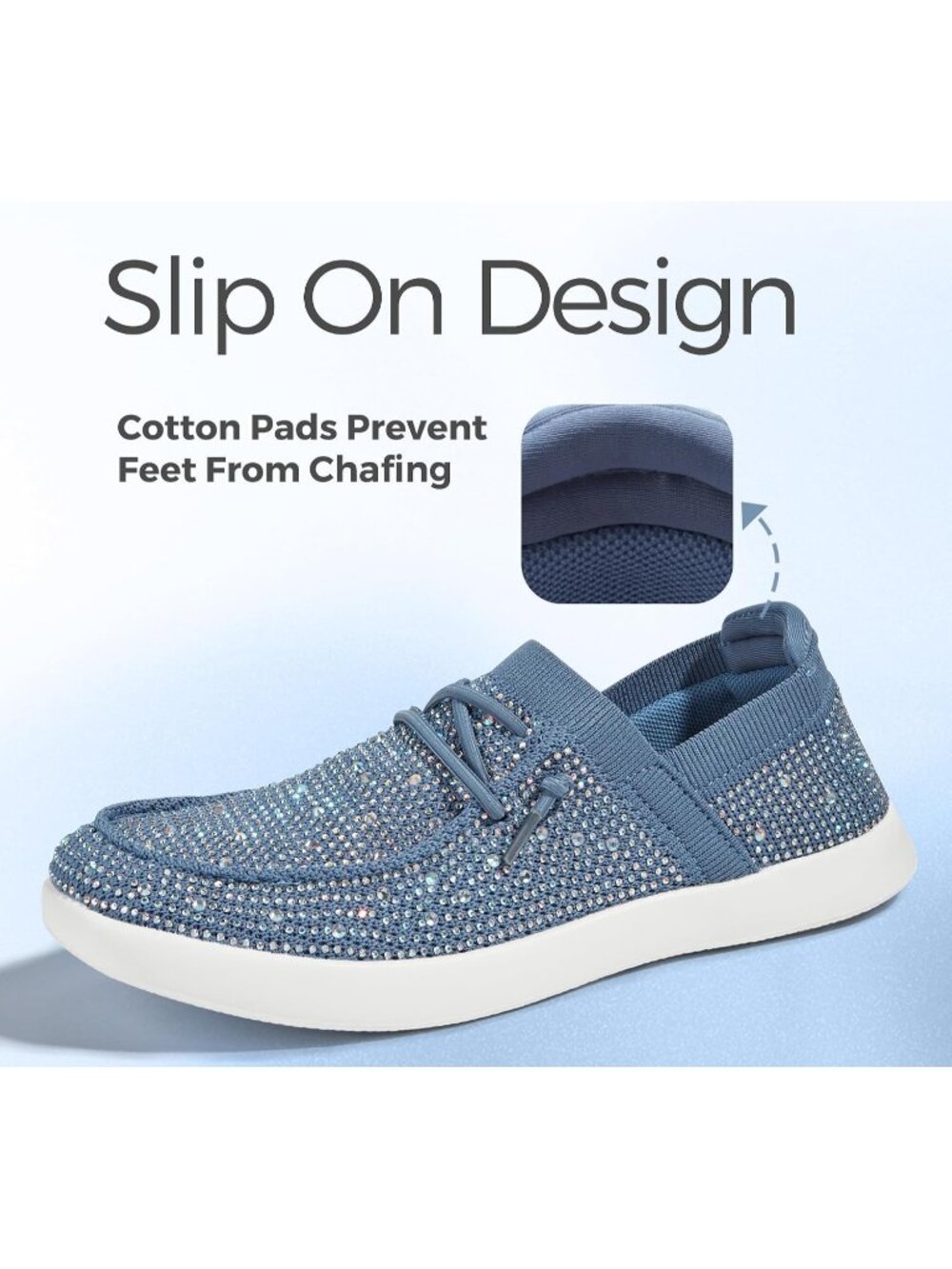 Women's Blue Knit Comfortable Slip On Rhinestone Lace Up Loafers Fashion Sneaker - Picture 4 of 7